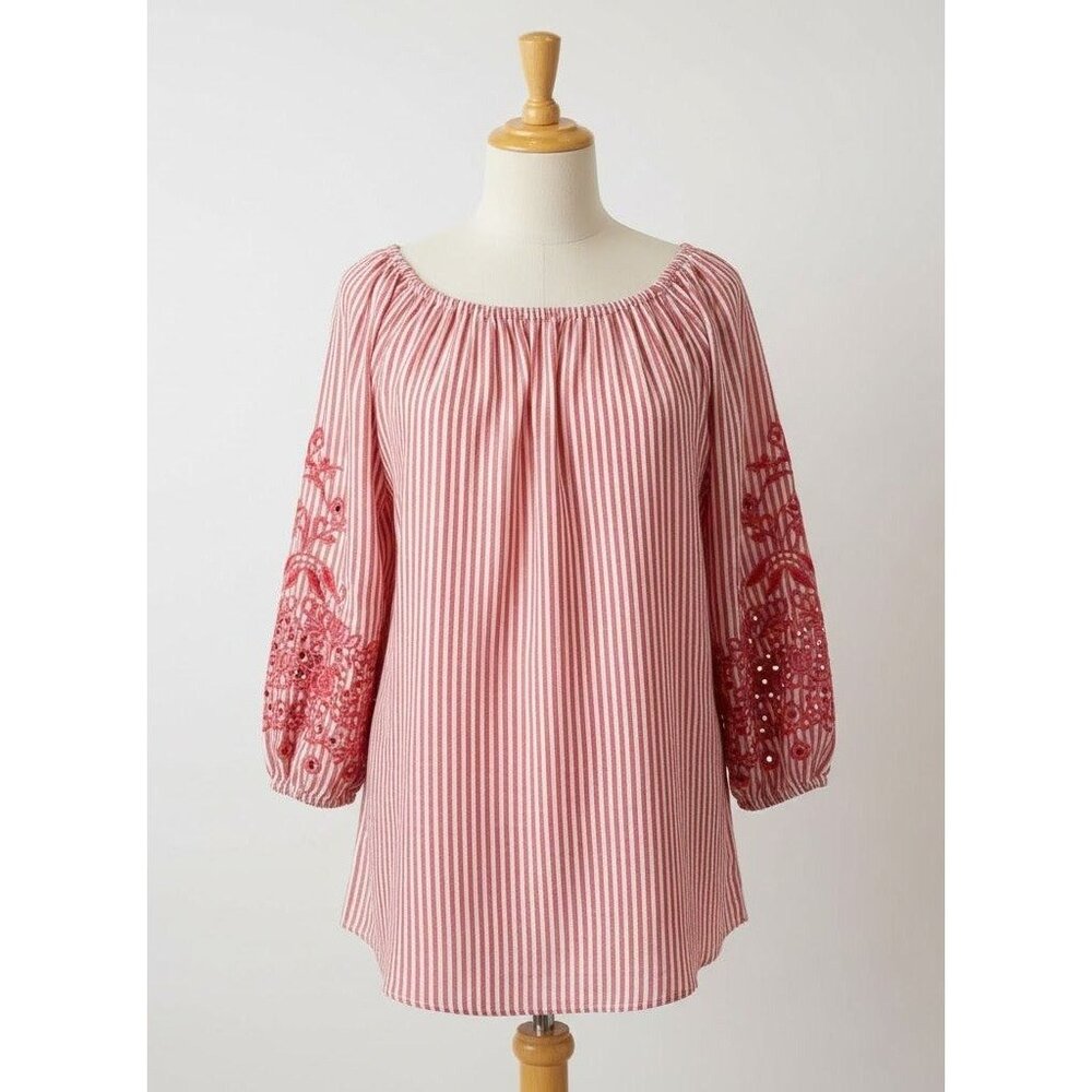Intro Red & White Striped Embroidered Off The Shoulder Boho Blouse